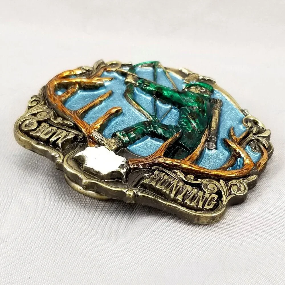 Belt Buckle 1986 Bow Hunting Deer Antlers Hunter Archery Painted Made In The USA